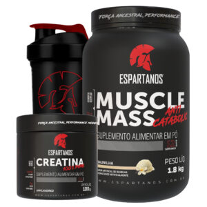 Kit Massa Hipercalórico MUSCLE MASS + Creatina 100g + Coqueteleira – Espartanos