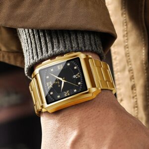 BINBOND watch men’s fashion square gold and black watch waterproof luminous stainless steel quartz watch