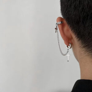 Brinco Punk Corrente De Gancho Com Pingente De Cruz De Aço Inoxidável/ Unisex