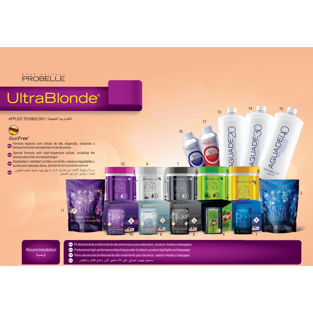 kit Pó Descolorante Ultra Blond 300g + Agua oxigenada cremosa 40 vol 900ml probelle